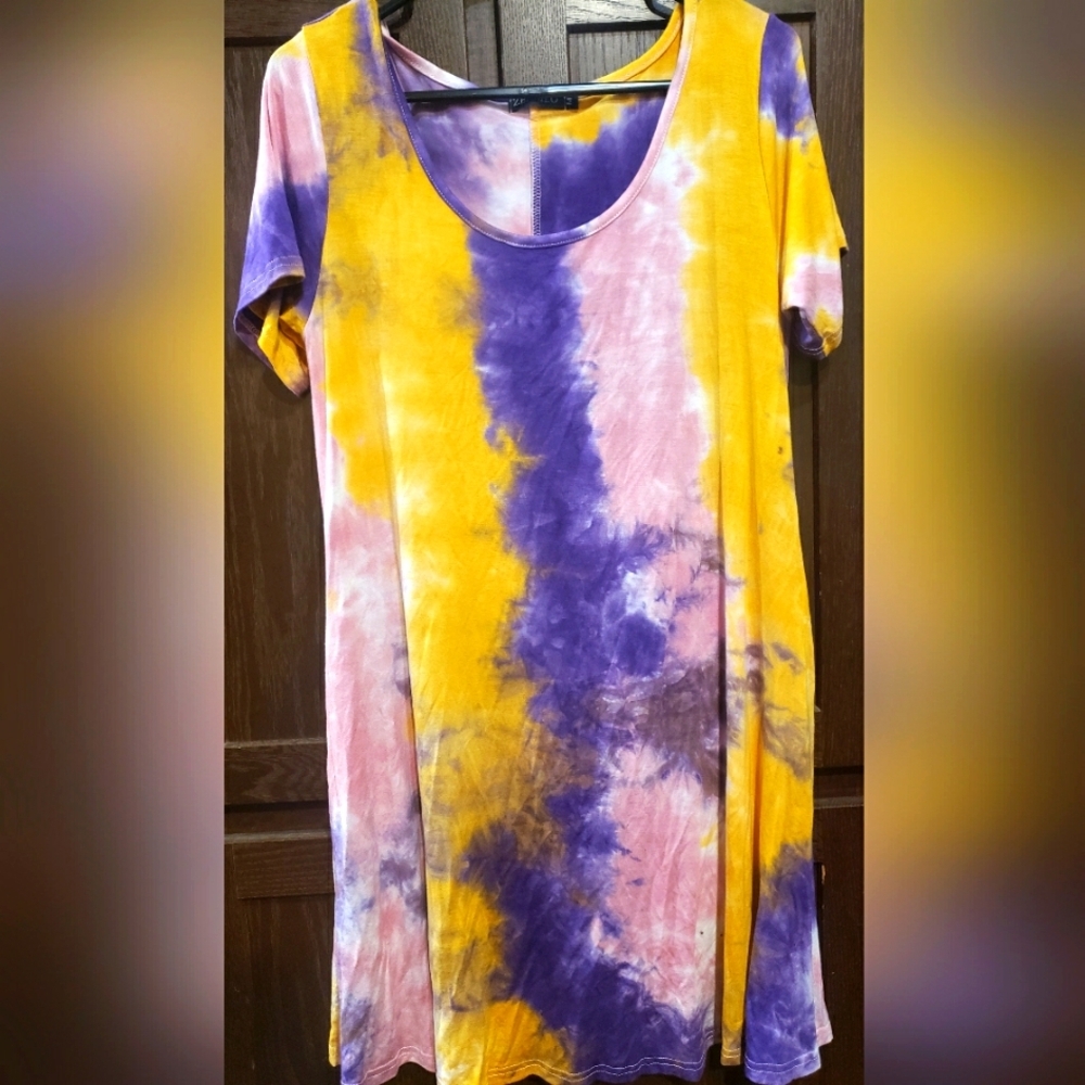 Tie-Dye Midi Dress in Yellow, Purple & Pink